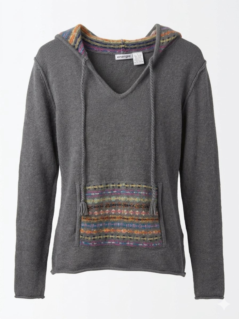 Energie Gray Hoodie with Multicolor Striped Hood and Pocket